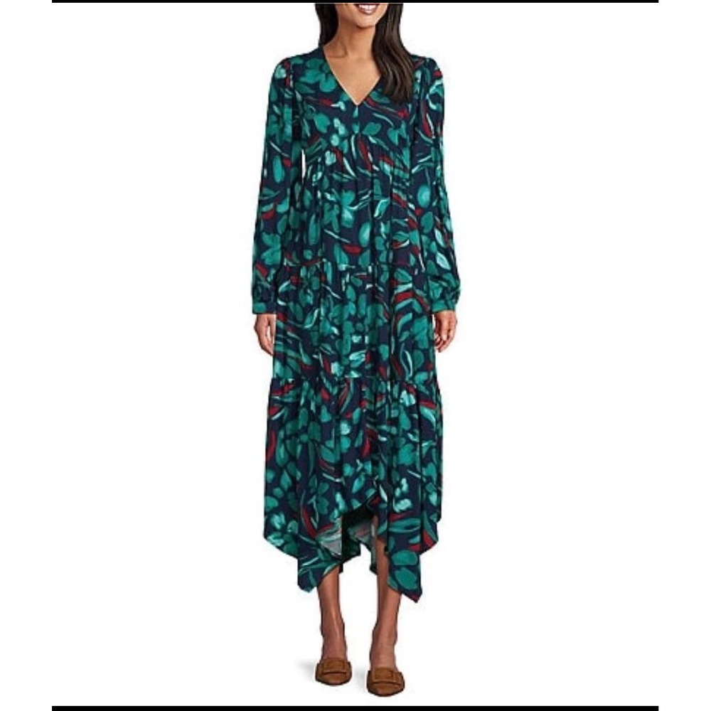 Nurture by Westbound Womens Teal Navy Floral Tiered V-Neck Midi Dress Large